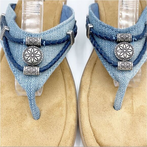 Minnetonka Chambray Silverthrone Wedge Thong Sandals Sz 9 - Picture 3 of 13